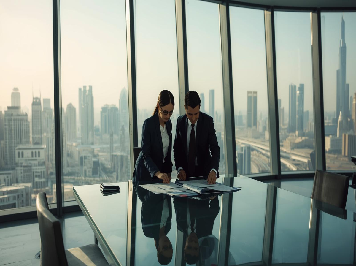 Two financial advisors reviewing licence documentation in a modern Dubai office with city skyline views